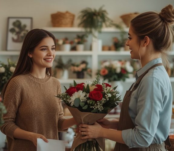 Lucid_Realism_A_smiling_customer_receiving_a_bouquet_of_flower_2